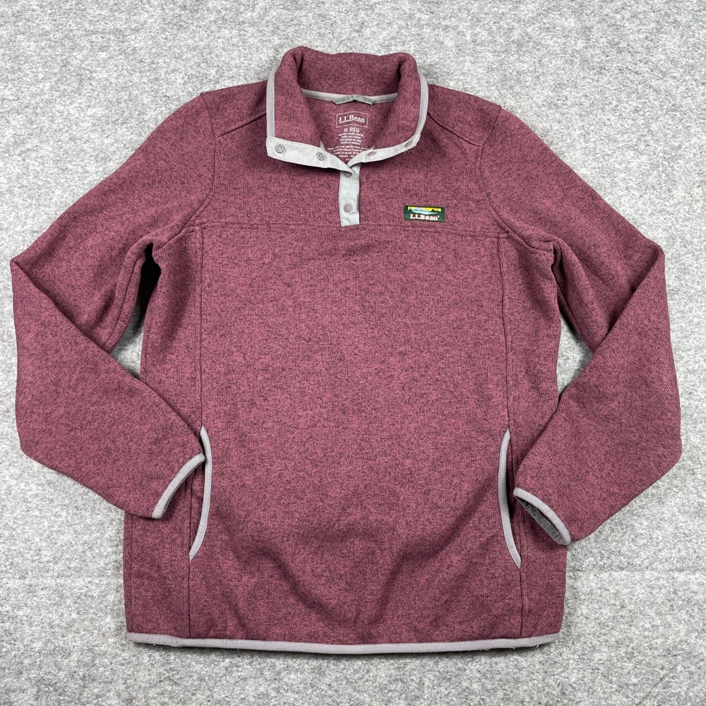 LL Bean Sweater Fleece Pullover Womens Medium Burgundy Snap Mock Neck Outdoor